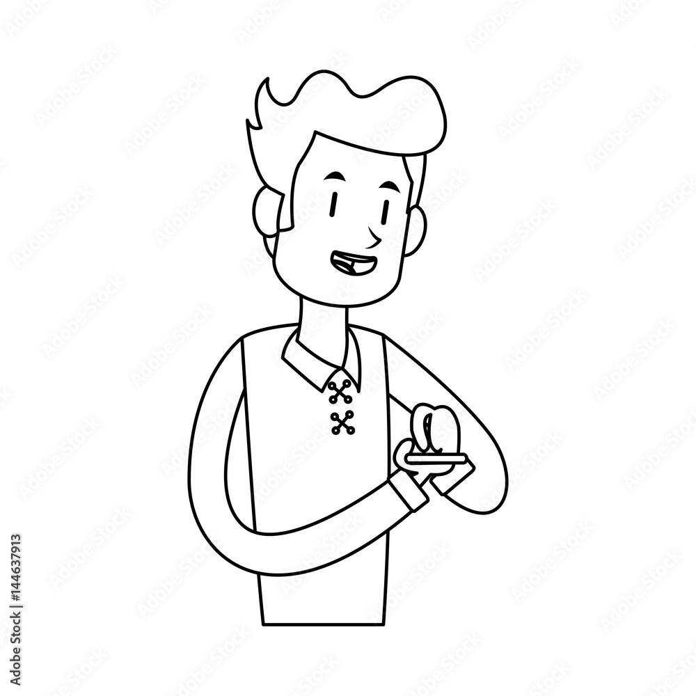 man using a smartphone cartoon icon over white background. vector illustration man using a smartphone cartoon icon over white background. vector illustration