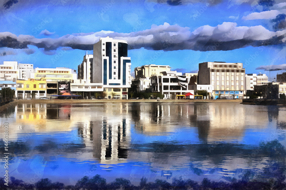 Obraz Kolorowy obraz nowożytni budynki z wodą na przedpolu
