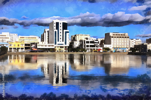 Obraz na płótnie Kolorowy obraz nowożytni budynki z wodą na przedpolu