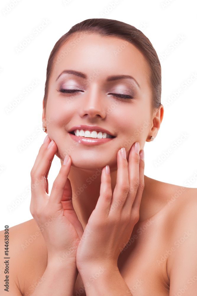 Very beautiful young girl on isolated white background. Beauty close up face portrait of pretty woman with eyes closed.