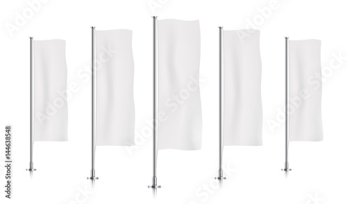 Five white vertical banner flags, standing in a row. Banner flag templates isolated on background. Vertical flags realistic mockup.