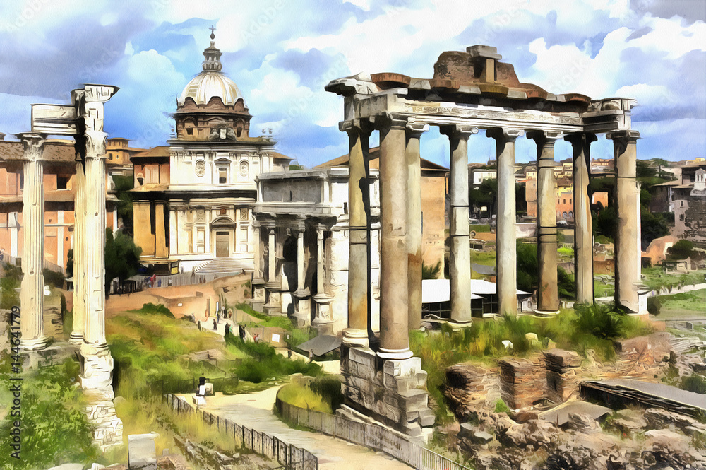Colorful painting of Temple of Saturn