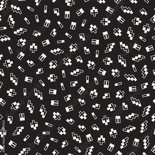 Seamless primitive jumble minimalism patterns. Randomly scattered geometric shapes. Abstract retro backgroun