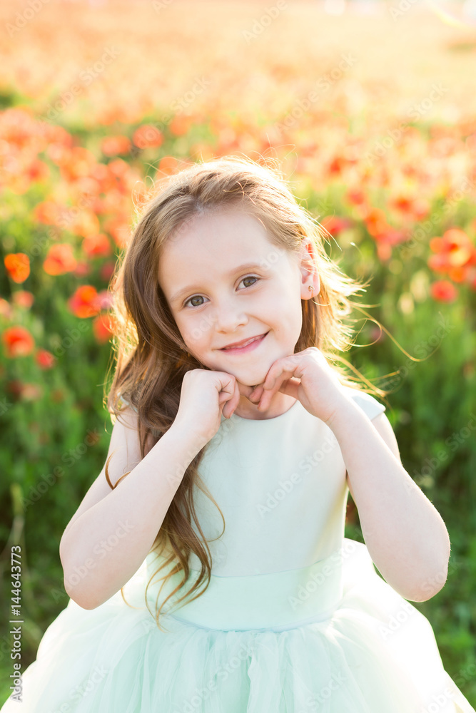 girl model, poppies, childhood, fashion, children, nature and summer concept - smiling beautiful little girl model is on the field of poppies in a blue ball dress , her hands supporting the chin girl model, poppies, childhood, fashion, children, nature and summer concept - smiling beautiful little girl model is on the field of poppies in a blue ball dress , her hands supporting the chin