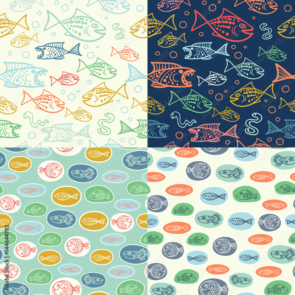 Vector seamless pattern with hand drawn funny fishes in sketch style. Decorative endless marine background. Fabric design. Vector seamless pattern with hand drawn funny fishes in sketch style. Decorative endless marine background. Fabric design.