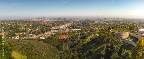 Los Angeles cityscape panorama with botanical garden nd highway
