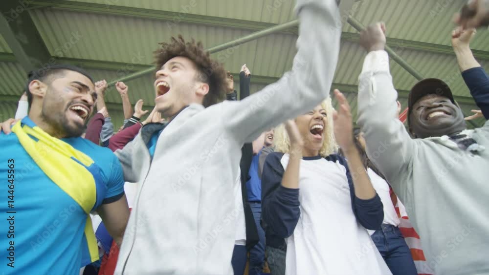  Excited sports crowd with national flags celebrating & cheering on teams