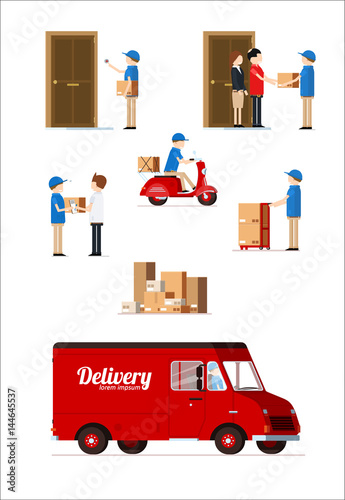 red delivery truck with human worker fast photo