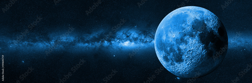 Obraz premium Moon in front of the Milky Way galaxy (blue 3d illustration, background banner)
