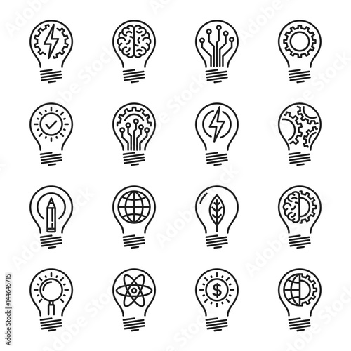 Idea intelligence creativity knowledge thin line icon set. Edita