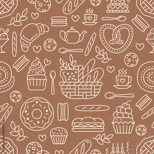 Bakery seamless pattern, food vector background of brown, white color. Confectionery products thin line icons - cake, croissant muffin, pastry, cupcake, pie. Cute repeated illustration for sweet shop.