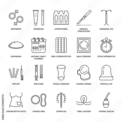 Contraceptive methods line icons. Birth control equipment, condoms, oral contraceptives, iud, barrier contraception, vaginal ring, sterilization. Safe sex thin linear signs for medical clinic.