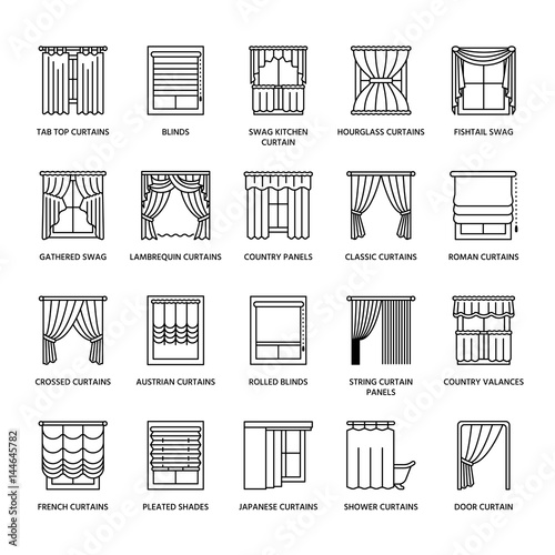 Window curtains, shades line icons. Various room darkening decoration, lambrequin, swag, french curtain, blinds and rolled panels. Interior design thin linear signs for house decor shop.