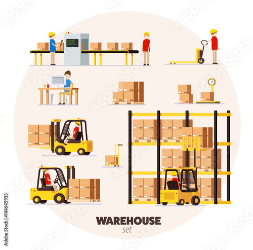 warehouse logistic background isometric objects car human forkli