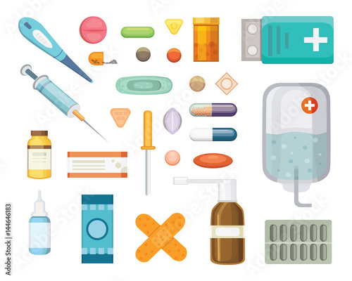 Cartoon medicaments. Different medical pills and bottles, healthcare and shopping, pharmacy, drug store. Vector illustration in flat style