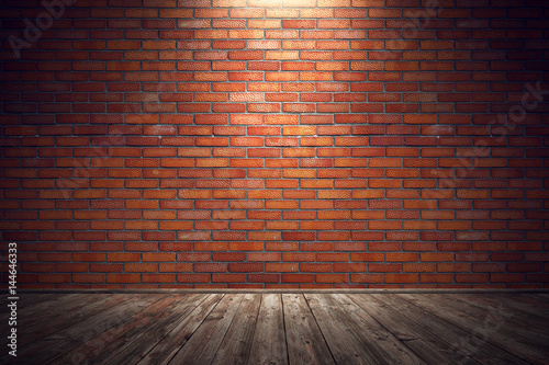 Empty old grungy room with red brick wall and wooden floor. 3d rendering illustration