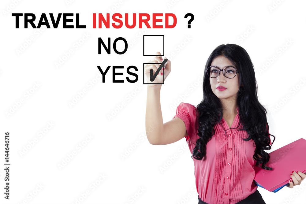 Female entrepreneur agrees about travel insured Female entrepreneur agrees about travel insured