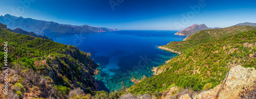 View from famous D81 coastal road with view of Golfe de Girolata from Bocca Di Palmarella, Corsica, France, Europe.