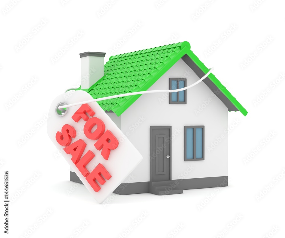 Miniature model of house real estate for sale label on white background. 3D rendering. Miniature model of house real estate for sale label on white background. 3D rendering.