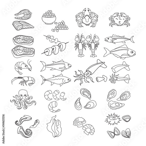 Set of cute various seafood icons. Vector illustration.