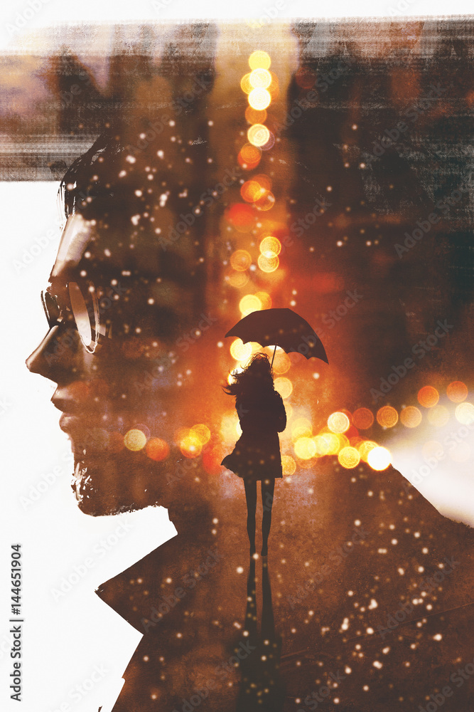 Obraz premium double exposure showing silhouette woman with umbrella in night city against a man head ,illustration painting