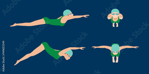 Vector illustration of swimming style scheme different swimmers man and woman in pool sport exercise.