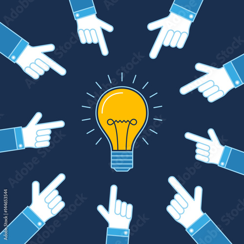 Hands pointing on lit bulb, New idea business illustration vector