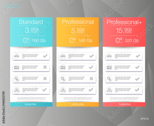 Three tariffs banners. Web pricing table. Vector design for web app. Price list.
