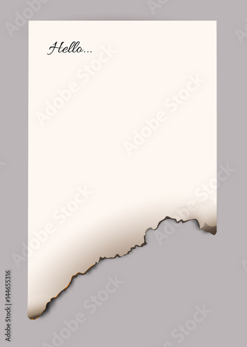 A piece of paper with a charred edge. Vertical vector template.