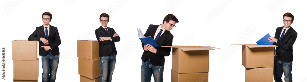Funny man with boxes isolated on white Funny man with boxes isolated on white