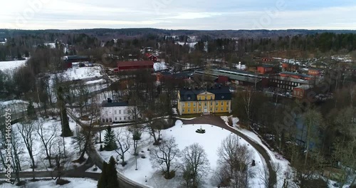 Mustio mansion, Cinema 4k aerial flight away view of a flight towards mustion linna, on a cold winter day, in Svarta, Finland photo