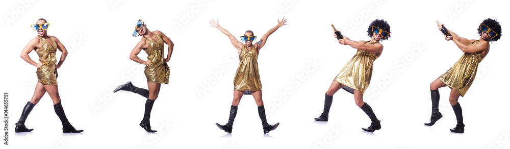 Man in female clothing singing with mic Man in female clothing singing with mic