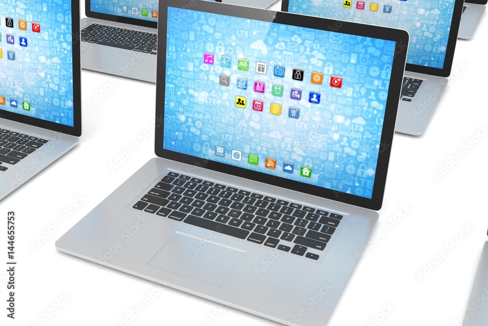 many laptop on white background. 3d rendering. many laptop on white background. 3d rendering.