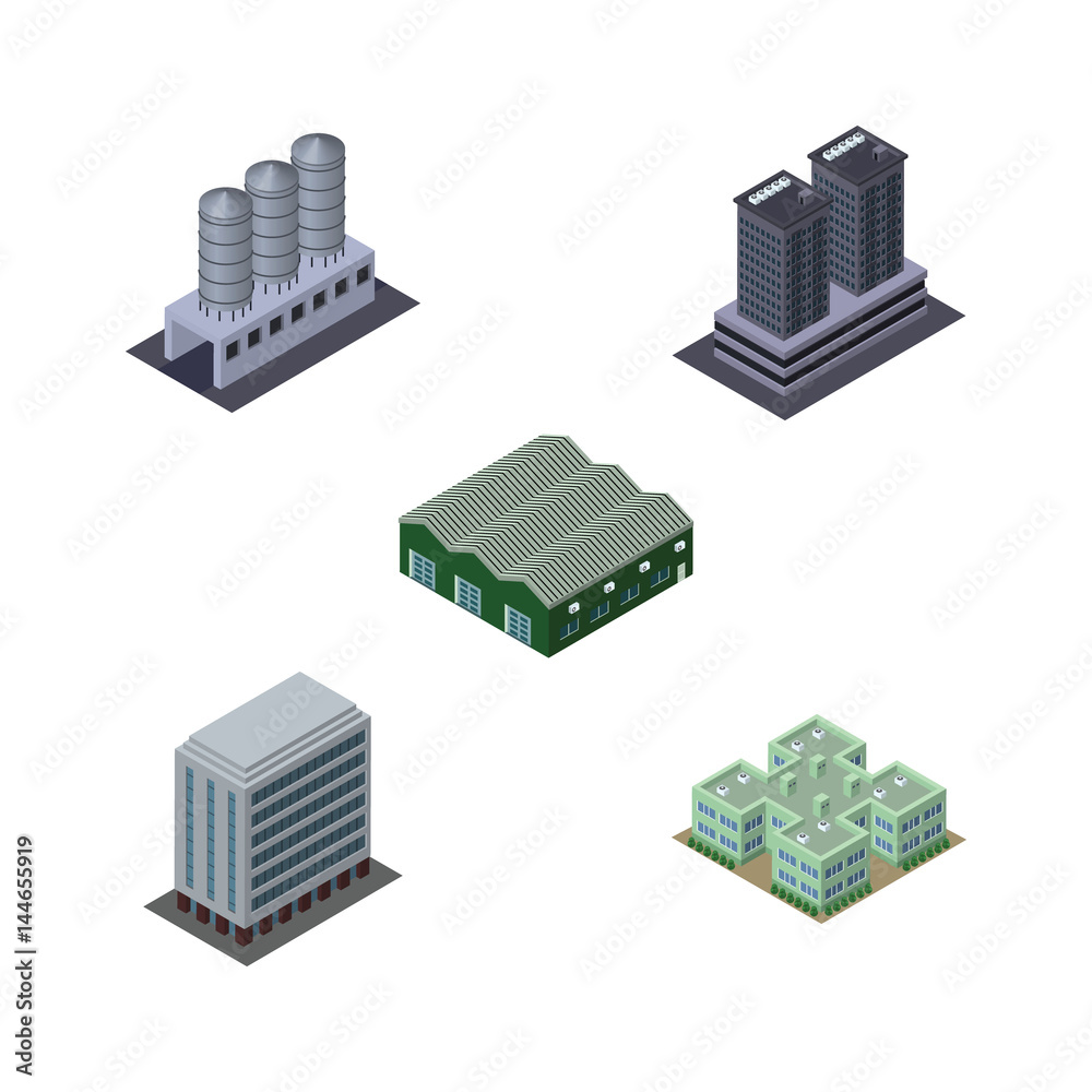 Isometric Building Set Of Water Storage, Tower, Warehouse And Other ...