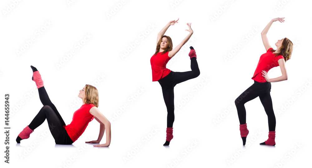 Fototapeta premium Young gymnast exercising on white