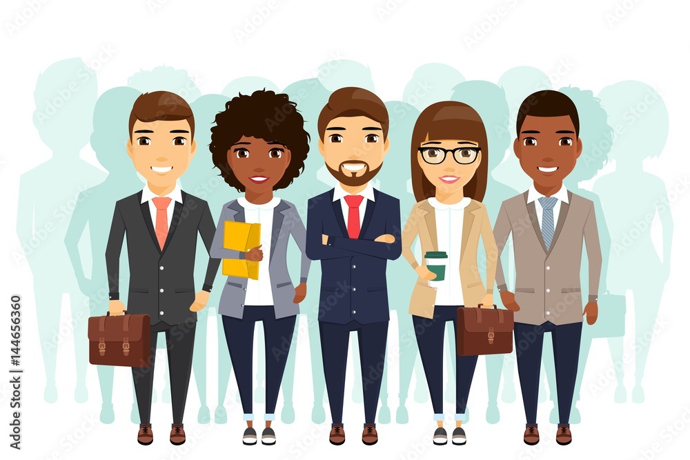 Team of different young people. The concept of cooperation in the team. Young businessmen lined up. In flat style on white background. Team of different young people. The concept of cooperation in the team. Young businessmen lined up. In flat style on white background.