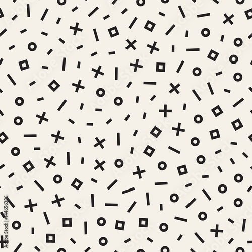 Retro geometric line shapes seamless patterns. Abstract jumble textures. Black and white scattered shapes
