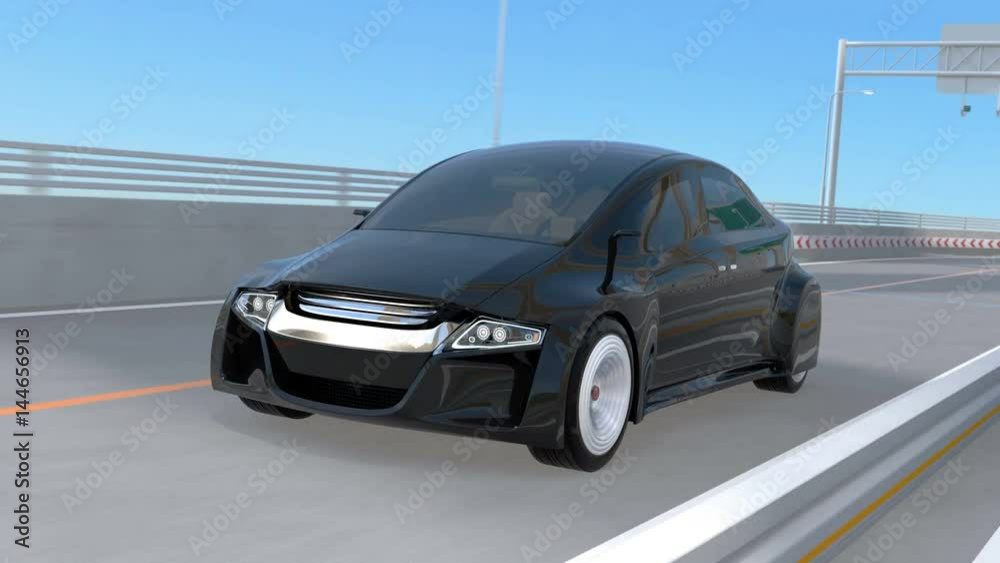 Black autonomous car on the highway with monorail on background. 3D rendering animation. Black autonomous car on the highway with monorail on background. 3D rendering animation.