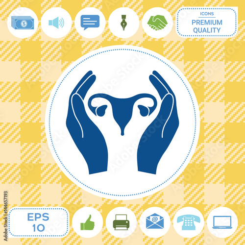 Hands holding Female uterus - protection icon