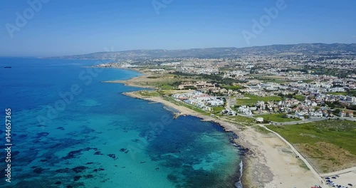 flying over the island. paradise. island with villas and hotels. Mediterranean Sea. Cyprus. Drone Point of View