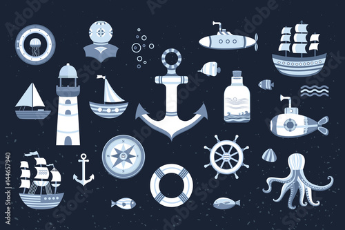 Collection of vector marine elements.