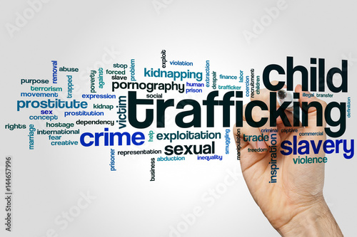 Child trafficking word cloud concept on grey background