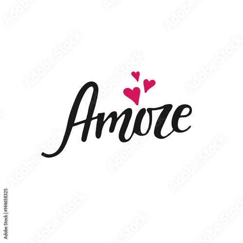Amore - hand drawn lettering word with pink hearts. Vector art. photo