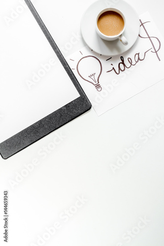 business plan with sketch board on white table background top view mockup