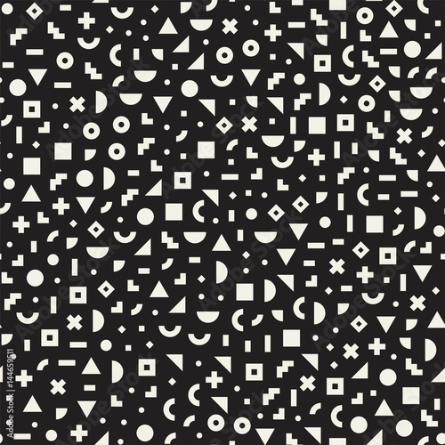 Seamless primitive jumble minimalism patterns. Randomly scattered geometric shapes. Abstract retro backgroun