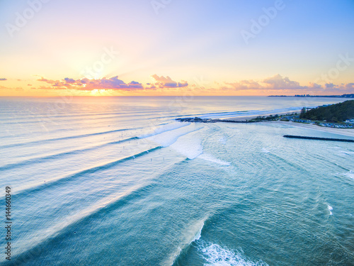 An aerial view of Currumbin Beach at sunrise on the Gold Coast in Queensland Australia