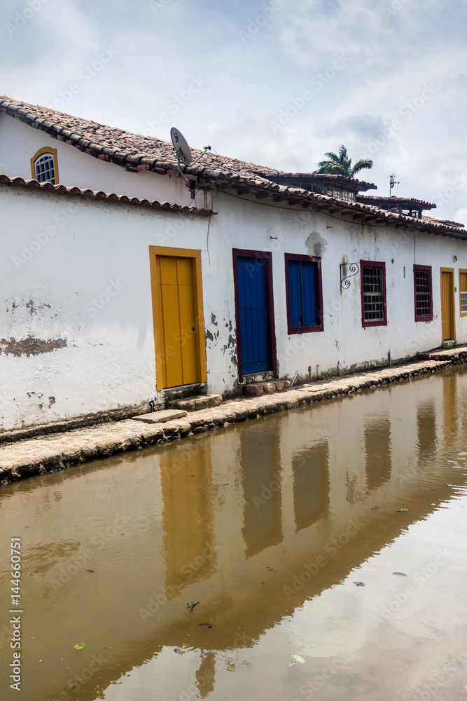 Flooded street in colonial town Paraty, Brazil