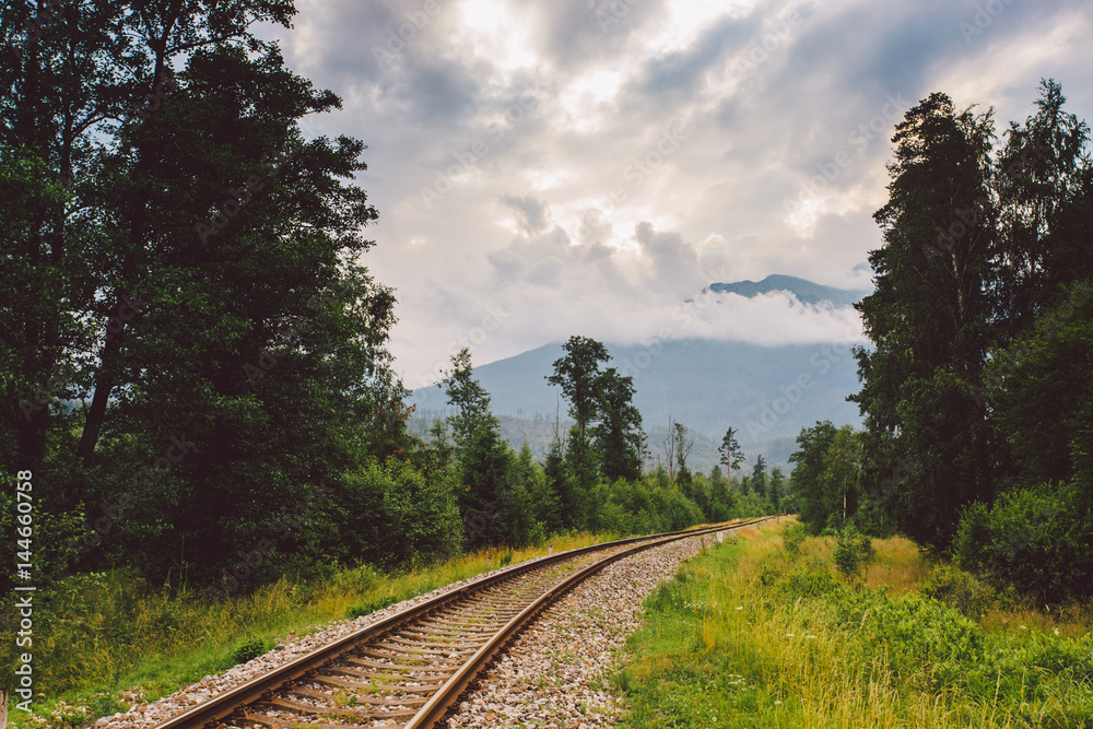Fototapeta premium rails, railroad, mountains, Slovakia,, rails stretching to the horizon