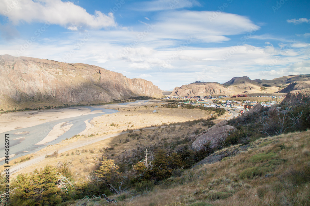 Rio de las Vueltas river valley and El Chalten village in National Park Los Glaciares, Argentina Rio de las Vueltas river valley and El Chalten village in National Park Los Glaciares, Argentina