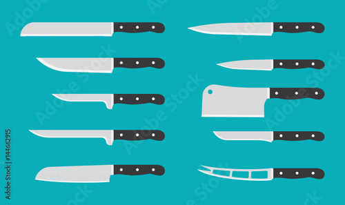 Flat kitchen knife set with signature names. Vector knives.